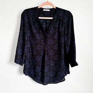 Dalia Black Blue Floral Print Flowy Chiffon Office Casual Popover Blouse sz S